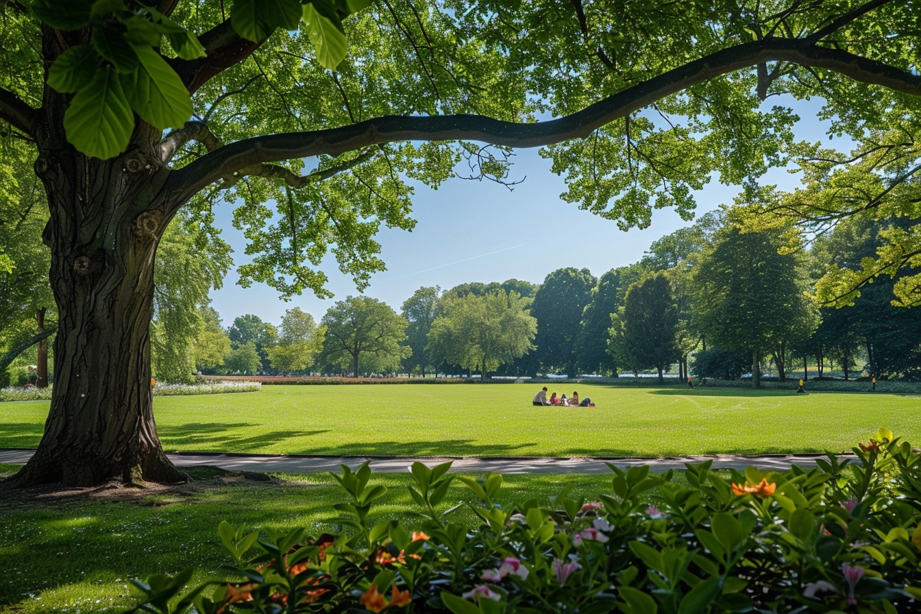 Vue panoramique d'un parc luxuriant à Schaerbeek, illustrant les espaces verts bien entretenus de la commune