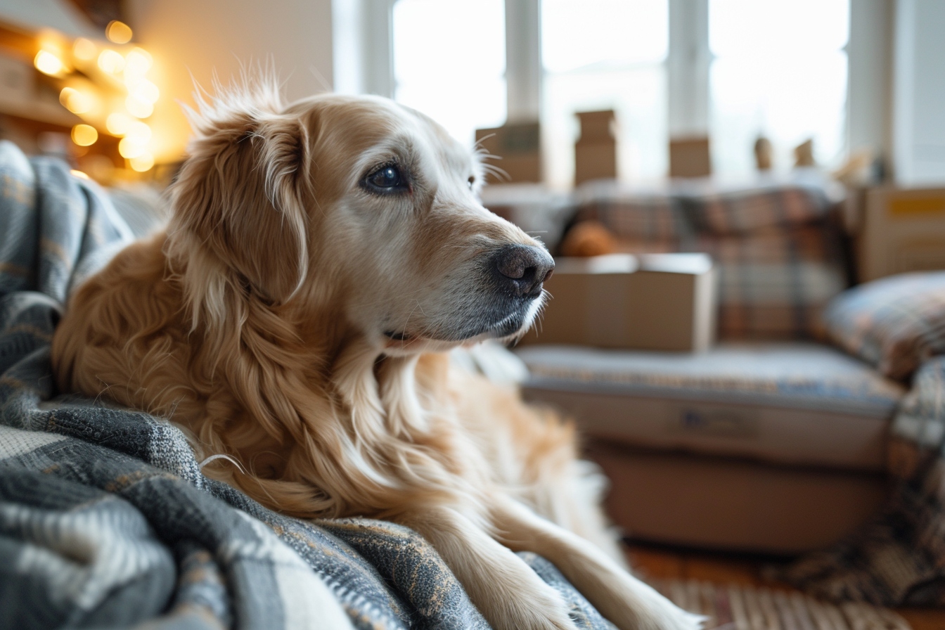 Vieux chien heureux explorant son nouveau domicile à Schaerbeek après un déménagement sans stress