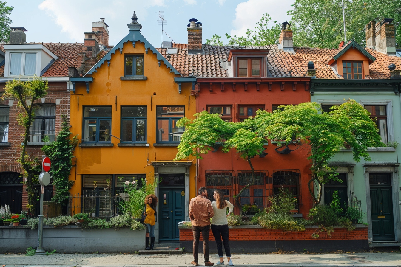 Maisons colorées, personnes, ville européenne.