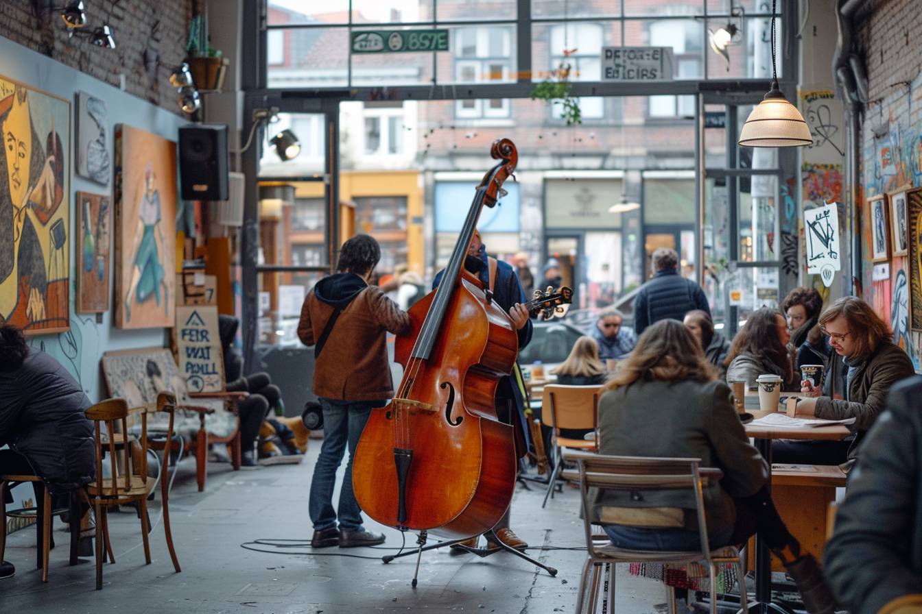 Alt d'image : "Scène dynamique de vie culturelle à Schaerbeek avec artistes locaux et résidents partageant des moments culturels.